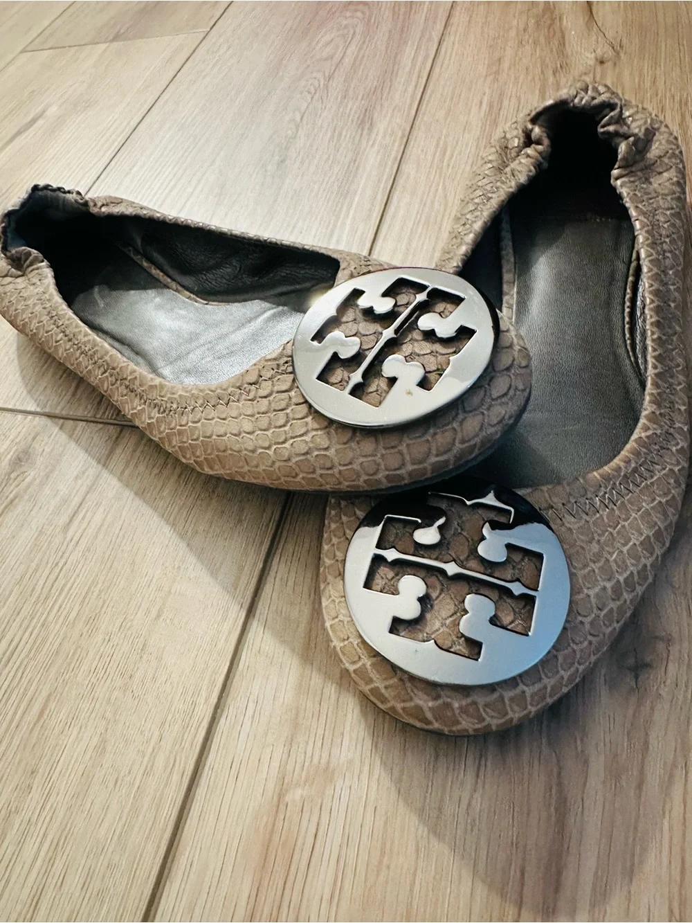 Tory Burch Taupe Snake-Embossed Logo Ballet Flats